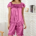 thumbnail image 4 of FAIWAD Womens Satin Pajama Sets Ruffle Hem Short Sleeve Tops with Shorts Pjs Set Casual Sleepwear Soft Loungewear, 4 of 5