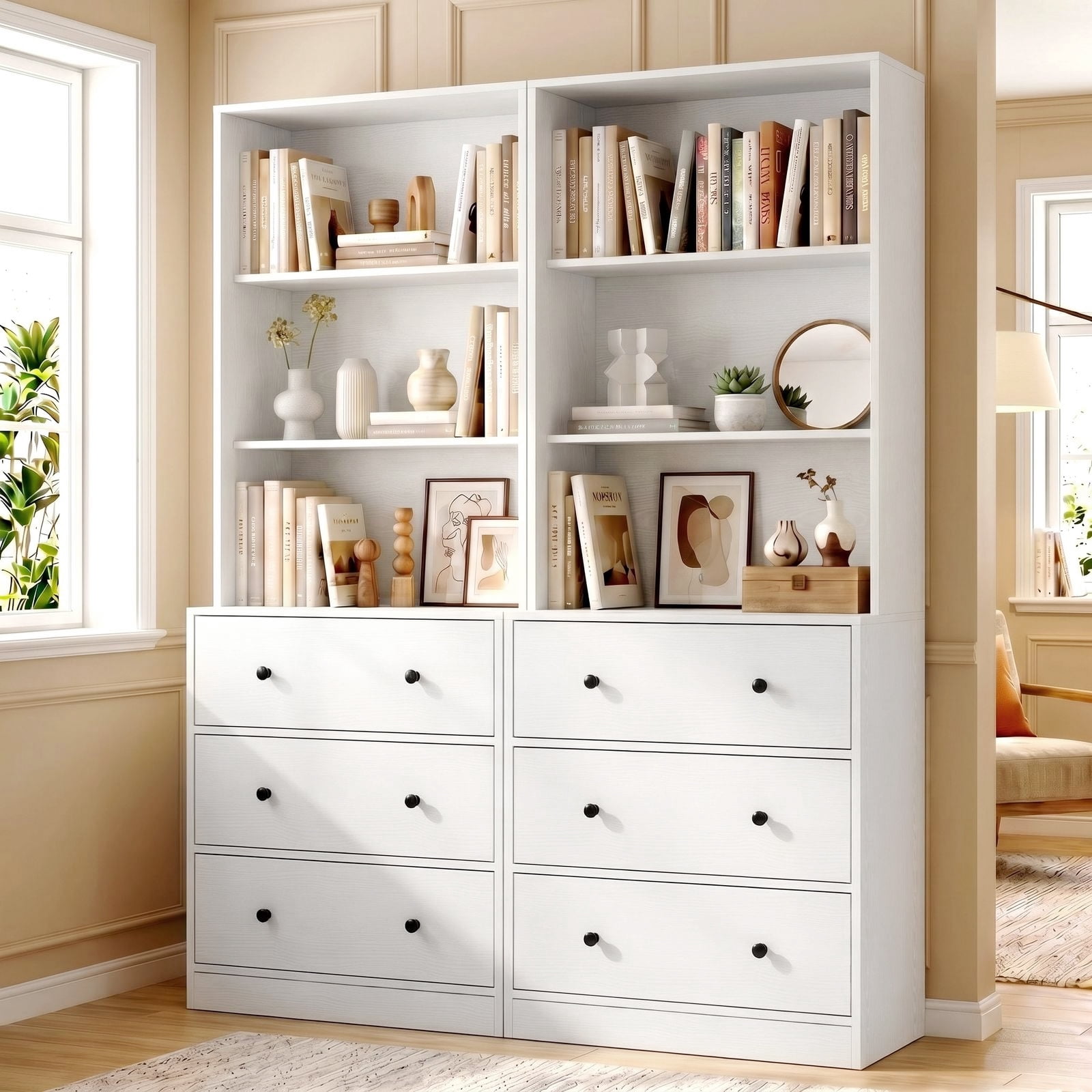 RichYa 71'' Tall Bookcase with 3 Drawers, 3-Tier Open Display Bookshelves, Freestanding Storage Cabinet for Home Office,Living Room,White