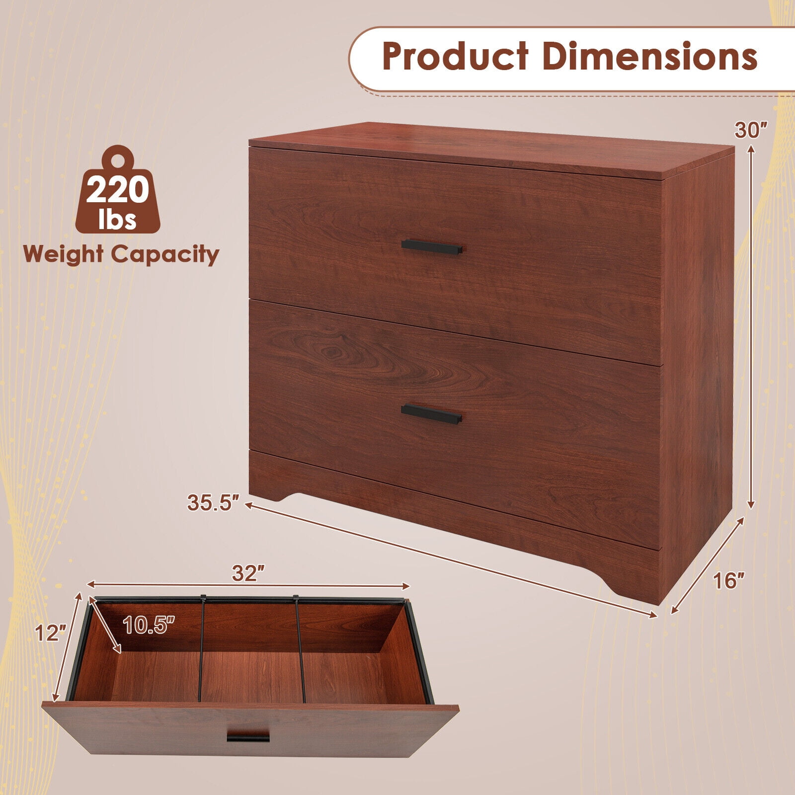 Amijoy 2-Drawer Wood Lateral File Cabinet w/ Adjustable Bars for Home Office Walnut