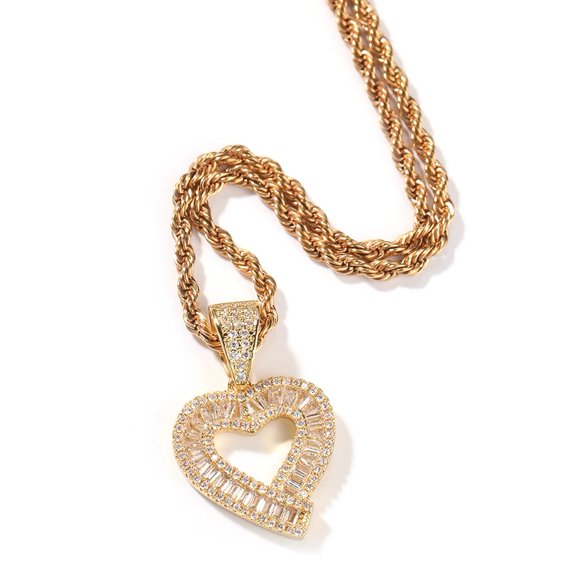 THE BLING KING Iced Out Crystal Lovely Heart Pendant Box Chain 14K Yellow Gold Necklace For Women Valentines Fashion Hiphop Jewelry