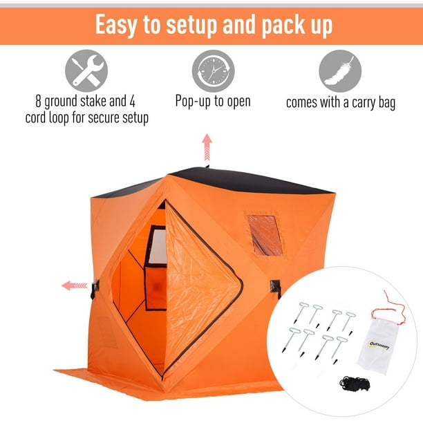 Outsunny 2-4 Person Pop-up Ice Fishing Tent Portable Ice Fishing Shelter  with Ventilation Windows and Carrying Bag Hub Fish Shelter, Orange 
