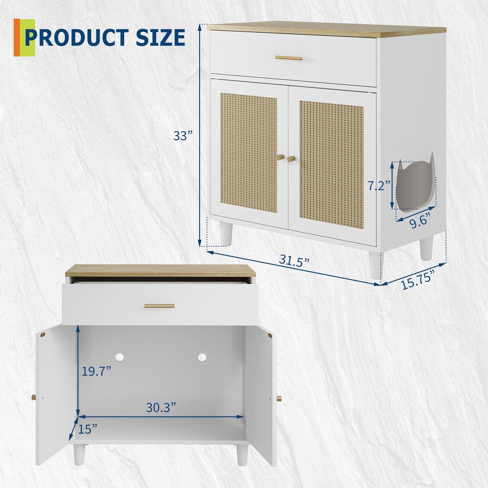 Hidden Cat Litter Box Furniture with Storage Drawer, Wood Cats Litter Enclosure Cabinet with 2 Sisal Doors, Hidden Enclosed Kitty Litter Box Cabinet Dog Proof for Living Room White