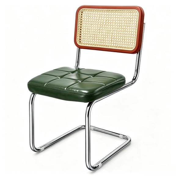 2 PCS Dining Side Chair with Stainless Steel Frame, Tufted Faux Leather Mid Century Kitchen Armless Chair with Natural Rattan Back & Cane Mesh, Mid Century Modern Style Chair