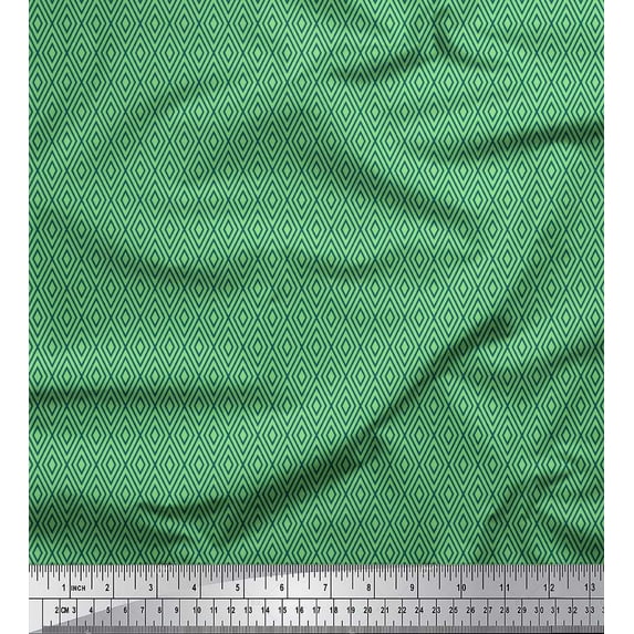 Soimoi Green Japan Crepe Satin Fabric Diamond Geometric Print Fabric by the Yard 42 Inch Wide