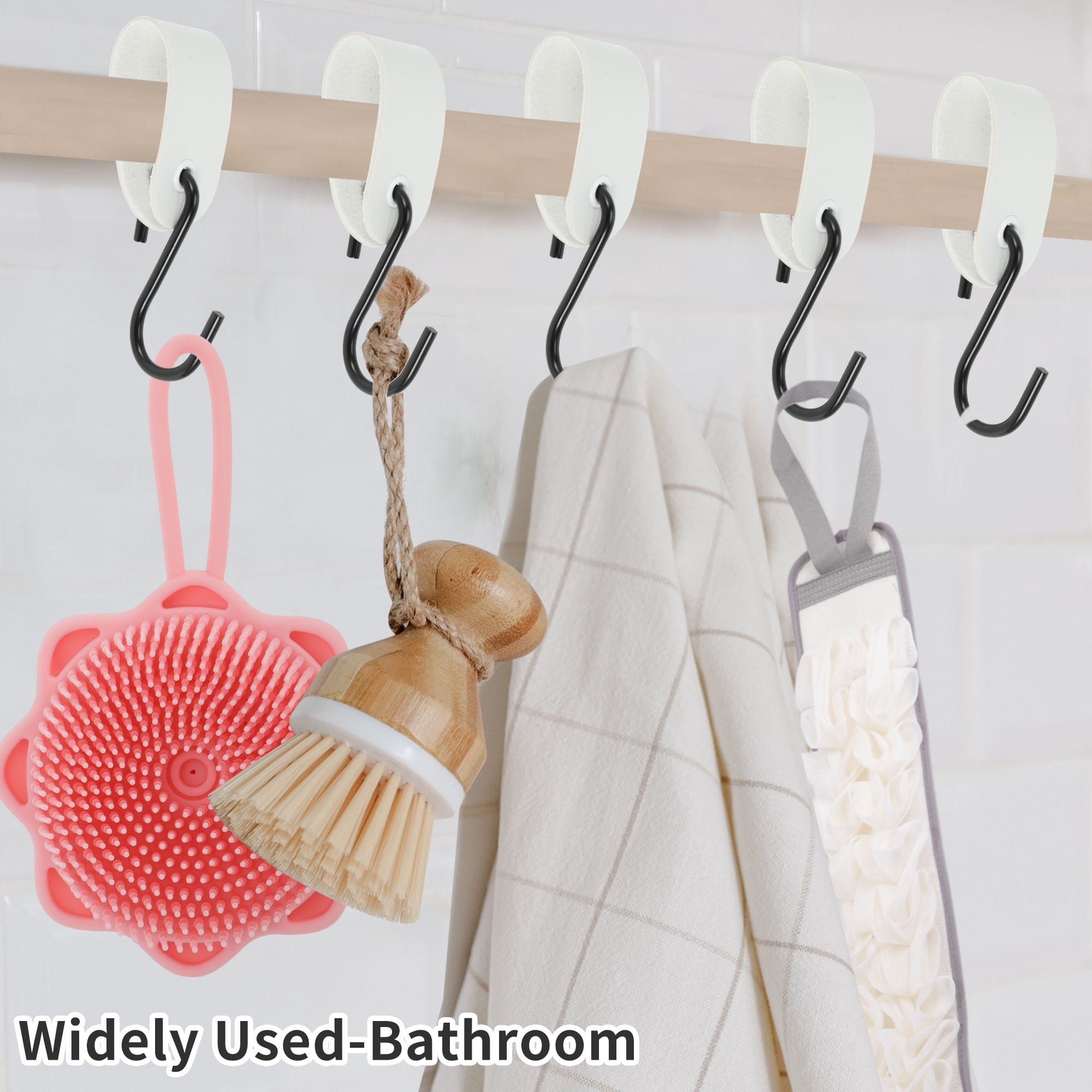 Unique Bargains Pack of 5 S Hooks with Leather Loop for Wardrobe White