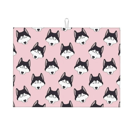 

Dish Drying Mats for Kitchen Counter - Cute Cartoon Husky Funny Pink 18x24in Dish Drying Pad Coffee Mat with Hanging Loop Super Absorbent Kitchen Counter Mat Coffee Bar Accessories