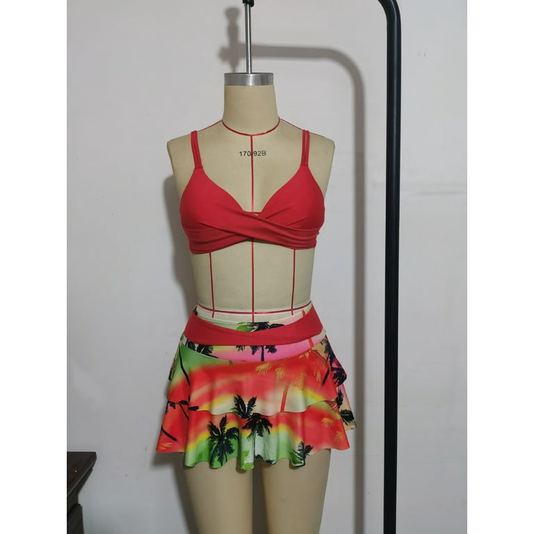 Women Two Piece Swimsuits Layered Ruffle Skirt with Brifes Beach Swimming  Bikini Set 