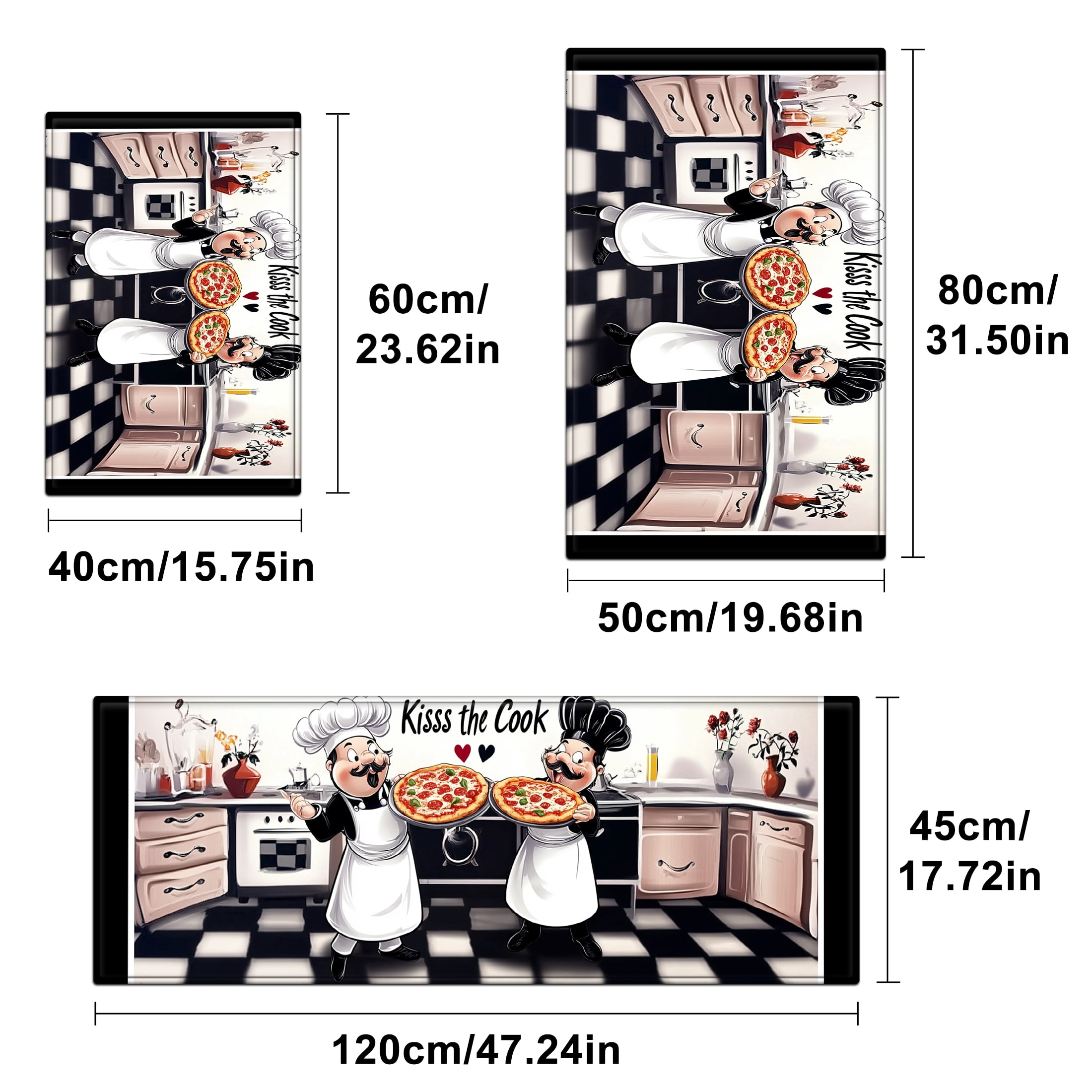 YIMEIS Pizza Chef Valentine's Day Kitchen Mat Washable Non-Skid Absorbent Runner Rugs (16''24''/20''32''/47''18'') - 1/2/3 Pcs Recommended for Kitchen Sink Front/Floor, Suitable for All Age Groups