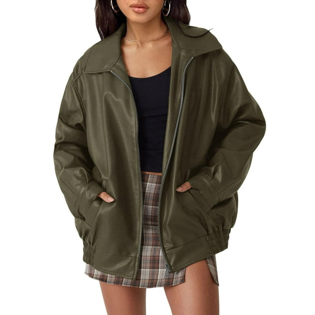 Chaqueta de cuero AUTOMET de gran tamaño de gamuza sintética para mujer Armygreen S