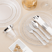 Goodluck Disposable Dinnerware Set for 50 Guests, 350PCS Clear Plastic Plates with Silver Trim, Silver Cutlery, Cups & Napkins for Parties