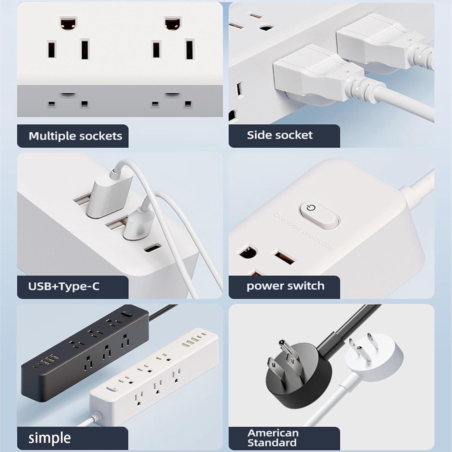 ZHENYEMEI Surge Protector Power Strip, 5 ft Flat Plug Long Extension Cord, Multi Plug Outlet Extender, 9 Outlets 3 USB A & 2 USB C Ports for Travel Home Office Entertainment, White