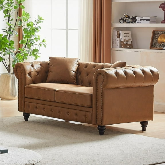 Modern Contemporary 63.5" Chesterfield Sofa with Tech Fabric and Wooden Legs