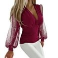 thumbnail image 2 of Red Young Adult Tops Women Deep V Neck Tops Slim Fit Puff Long Sleeve Elastic Waist Ruched Wrap Low Cut Blouse Shirt Crop Top Plus Size Tops for Women, 2 of 4