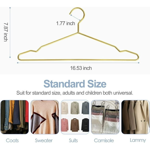 Metal Wire Clothes Hangers Bulk 60 Pack with Notches for Standard Size Coats, Shirts, Suits, Pants, Heavy Duty, Space-Saving, Gold