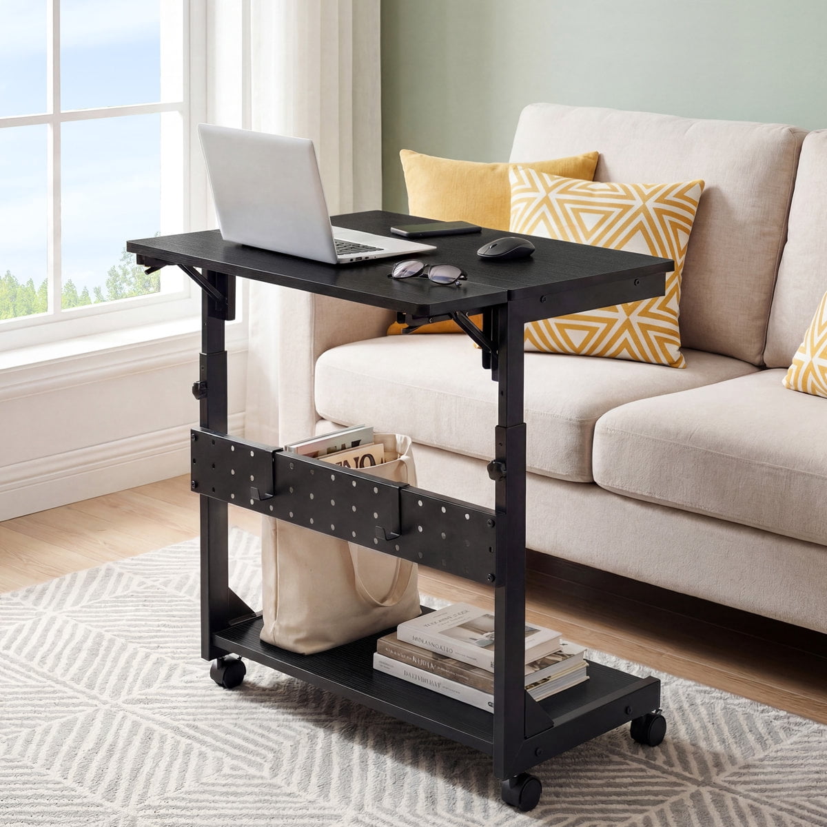 JIOABL Height Adjustable 2-Tier Computer Tower Stand with Folding Panel, Wheels, Pegboard & Mouse Pad, Black