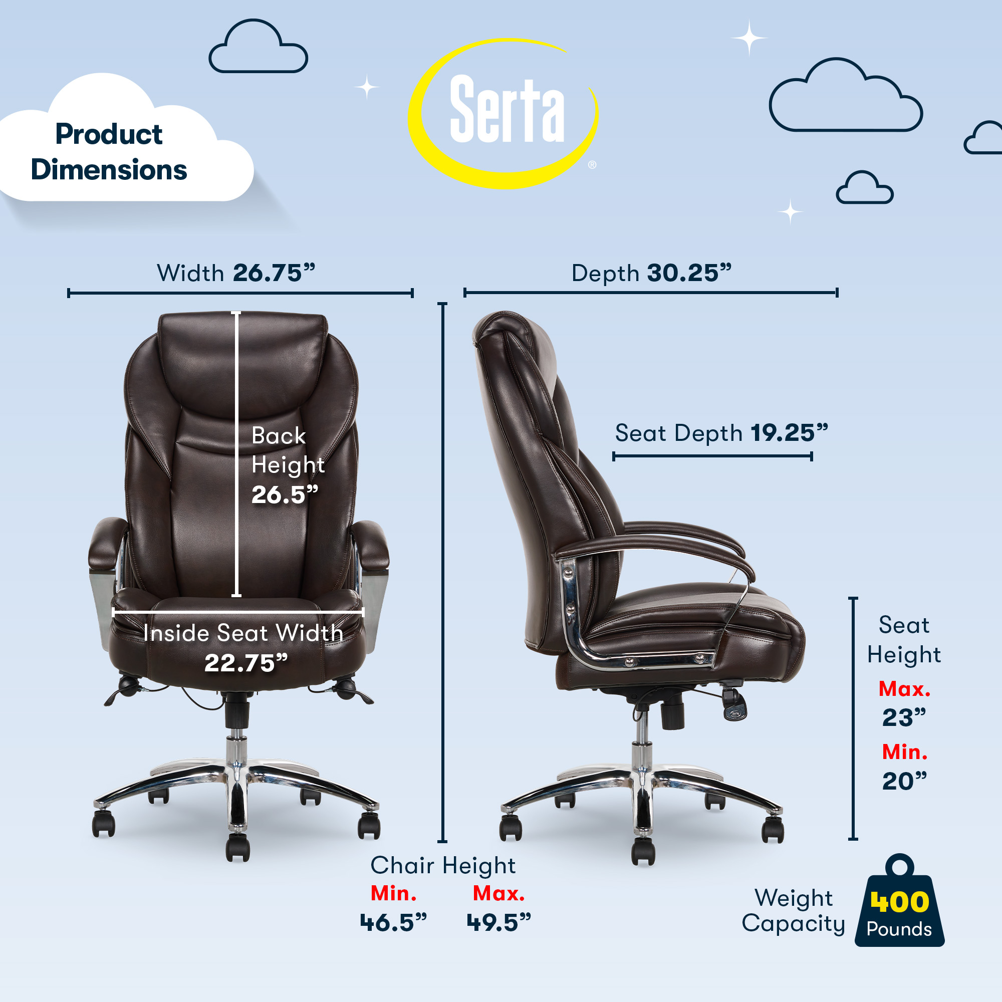 Serta Big & Tall High Back Office Chair, Heavy Duty Weight Rating, Brown Bonded Leather Upholstery - image 3 of 14