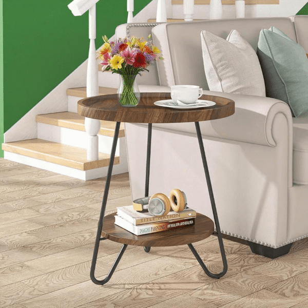 Round End Table with Lower Shelf, 20 inch Industrial Side Table for Living Room, Bedroom - Light & Dark Color Options, 70lbs Capacity