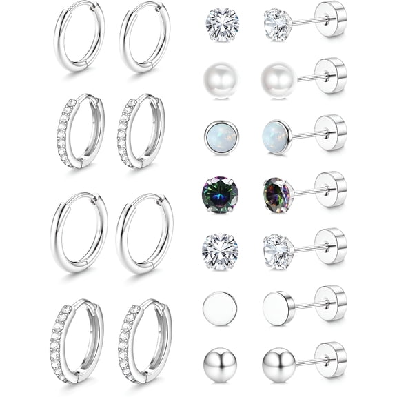 DESIGNICE Hypoallergenic Stud Hoop Earrings Small Flat Back Surgical Stainless Steel Earrings for Sensitive Ears Silver Hoops Cartilage Earring Stacks Set Multiple Piercing Jewelry