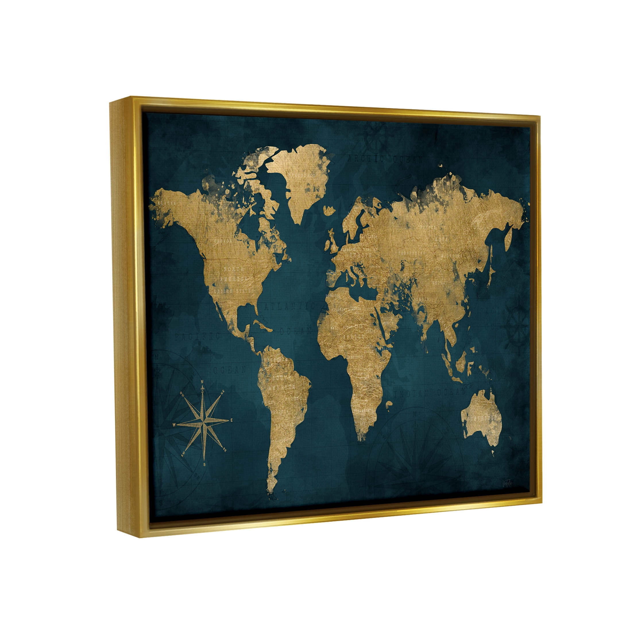 Stupell Industries Blue Compass Pattern Map Graphic Art Metallic Gold Floating Framed Canvas Print Wall Art, Design by Natalie Carpentieri