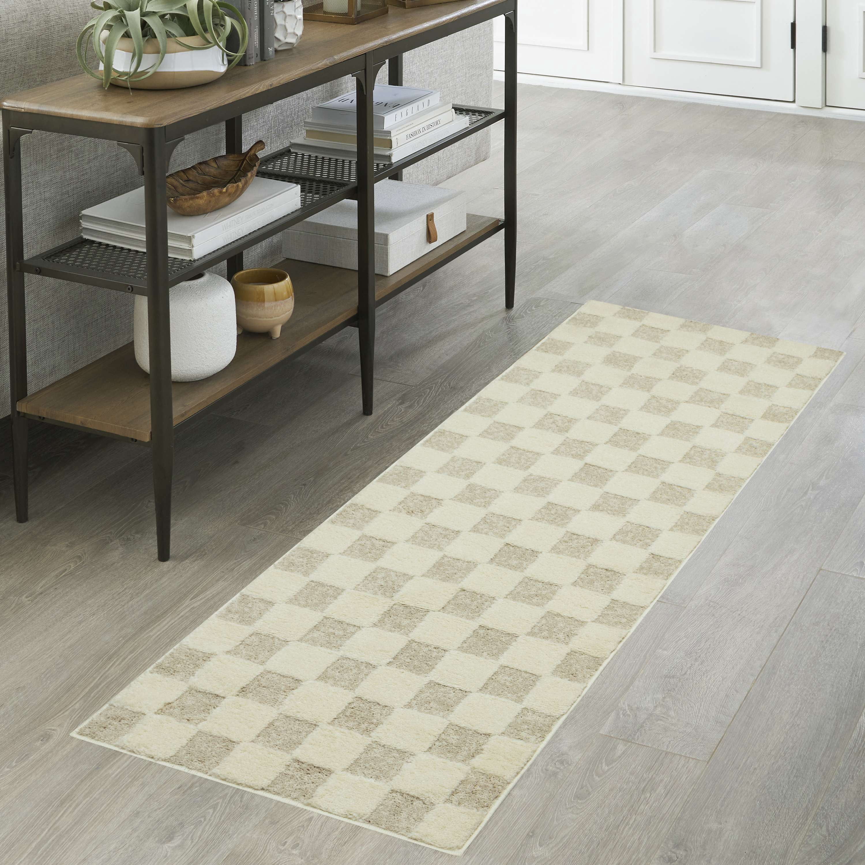 Mainstays Plush Check Ivory Indoor Runner Rug, 1 ft 11 in x 6 ft