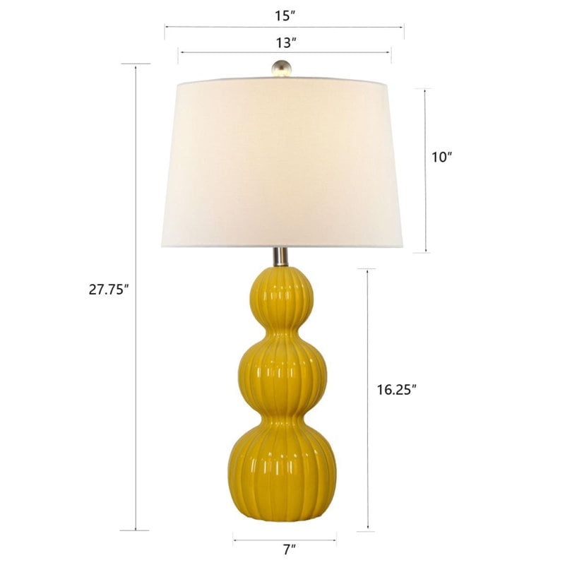 Maxax Modern Set of 2 Table Lamps, 27.8'' Tall Triple Gourd Ceramic Bedside Lamps, 3-Way Dimmable Yellow Nightstand Lamp with White Drum Shade for Bedroom, Living Room, Office