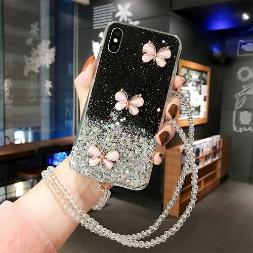 For Apple iPhone XS Black Smart Shockproof Glitter Crystal butterfly Wrist Strap Cover Case