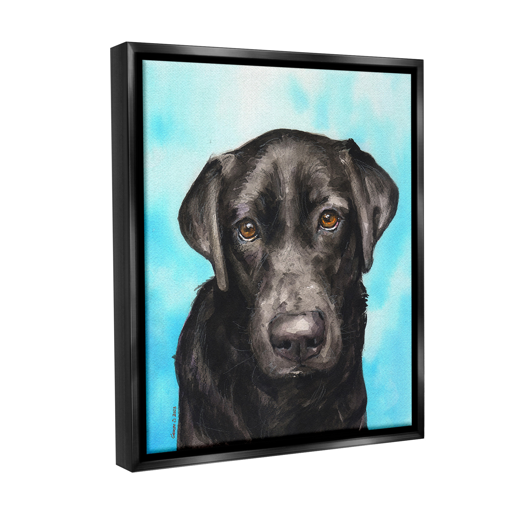 Stupell Industries Black Lab Portrait on Blue Animals & Insects Painting Black Floater Framed Canvas Art Print Wall Art, 25 x 31
