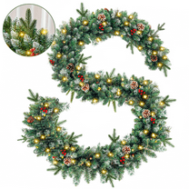 9ft Pre-Lit Christmas Garland with Warm White LED Lights, 8 Modes, Red Berries and Frosted Pinecones, Battery Operated Decor, Green