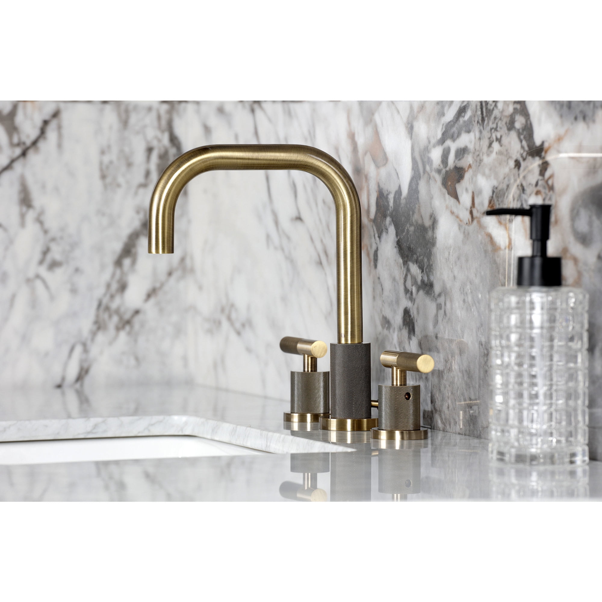 Kingston Brass FSC893KNLAB Convergent Two-Handle 3-Hole Deck Mount Widespread Bathroom Faucet with Knurled Handle and Brass Pop-Up in Antique Brass