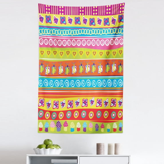 Cartoon Tapestry, Various Doodles with Lines Separating Them Mushrooms Butterflies Retro Inspired Art, Fabric Wall Hanging Decor for Bedroom Living Room Dorm, 5 Sizes, Multicolor, by Ambesonne