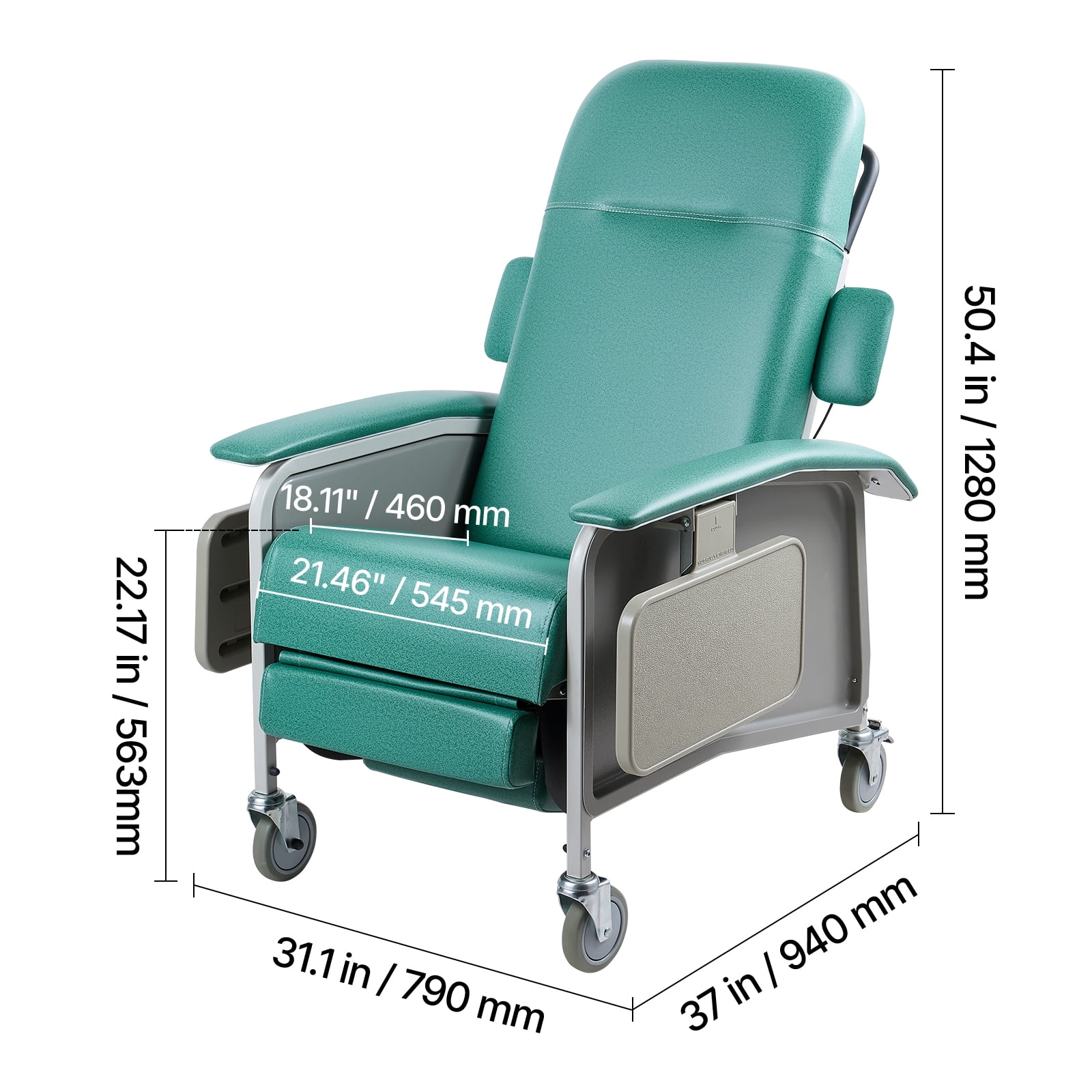 KFFKFF 4-Position Reclining Medical Chair, 500 lbs Capacity, Adjustable Geri Chair with Wheels, Padded Seat, and Trays for Healthcare Facilities and Home Care