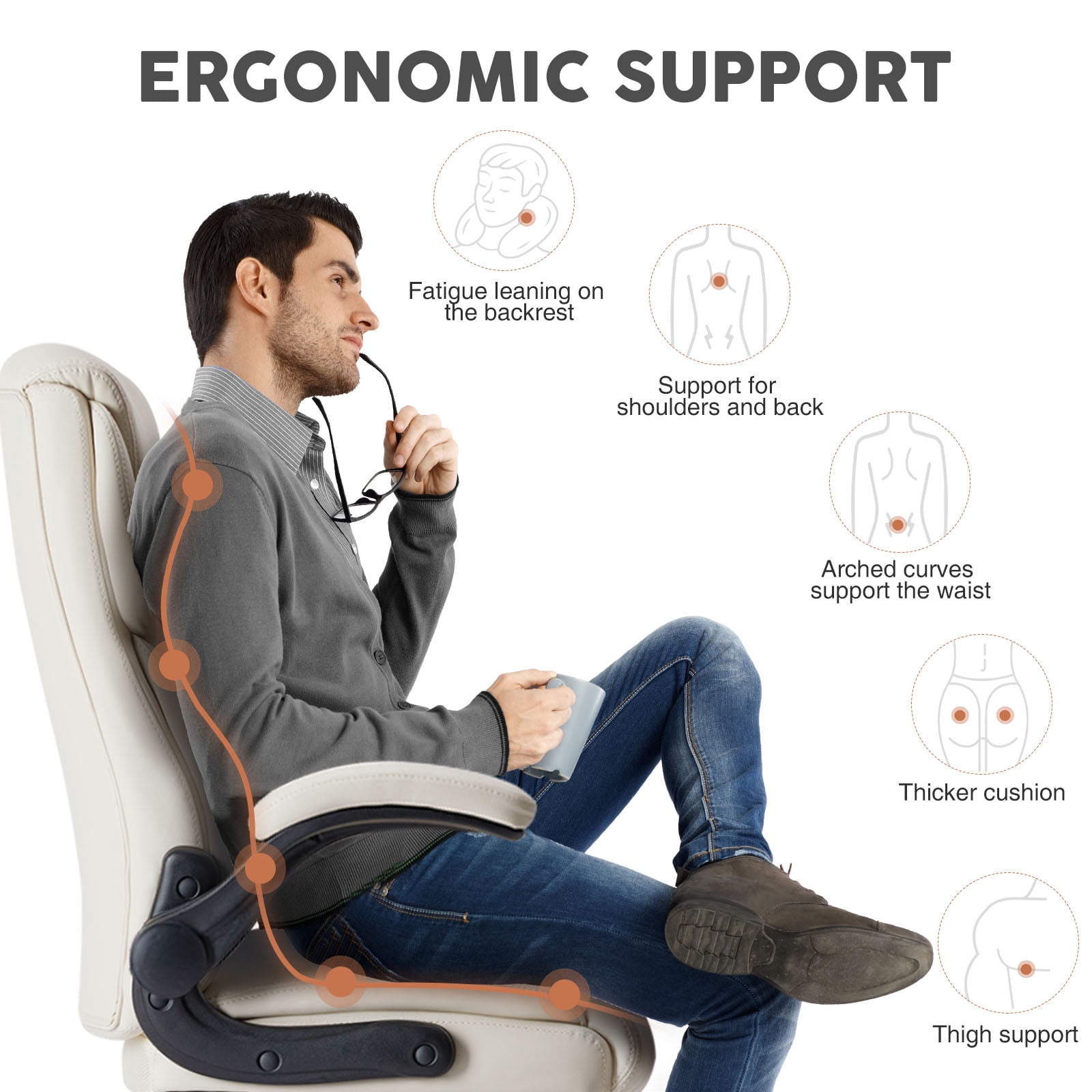 Casabay Leather Home Office Chair, Ergonomic Computer Desk Chair with Wheels and Flip-up Armrest, 300 LBS Weight Capacity, White