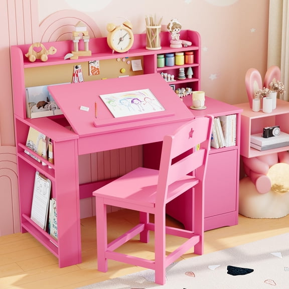 COZONY Modern Desk & Chair Set W/ Tiltable Desktop, Hutch & Storage Cabinet, Wooden Multi-Functional Table for Home