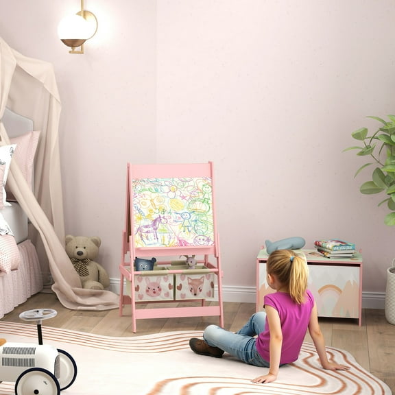 Qaba Toy Box with Lid and Kids Easel with Paper Roll, Blackboard, Whiteboard, Cute Fox Design Kids Activity Furniture Set for Ages 3-8 Years, Pink