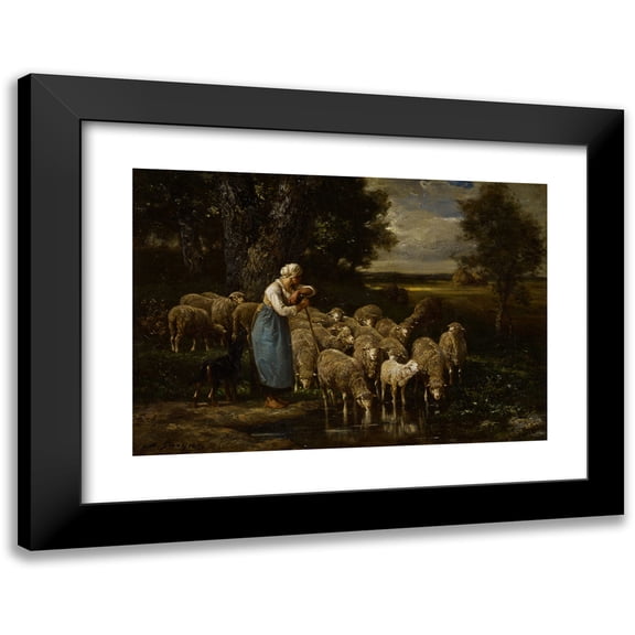 Charles Emile Jacque 14x11 Black Modern Framed Museum Art Print Titled - Shepherdess and Sheep, Fontainebleau (19th Century)