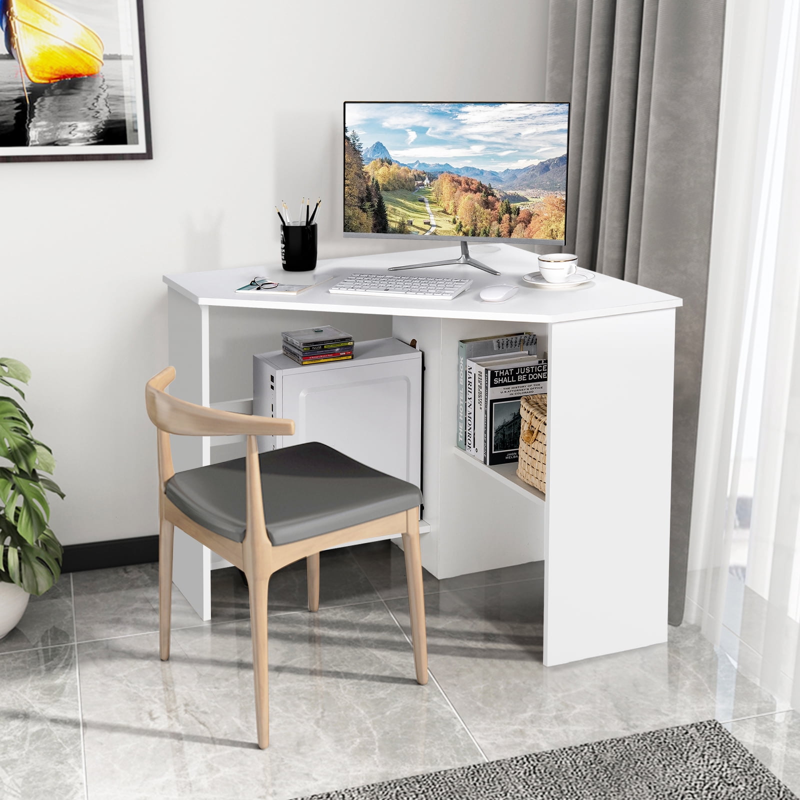 Costway Space-Saving Corner Computer Desk with 2 Cable Management Holes & CPU Stand White