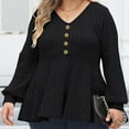 thumbnail image 6 of VINUSLI Long Sleeve Fitted Sweaters for Women Ribbed Knit Babydoll Ruffled Hem Cute Sweatshirts Plus Size V Neck Button Down Peplum Pullover Tops Black,XL, 6 of 7