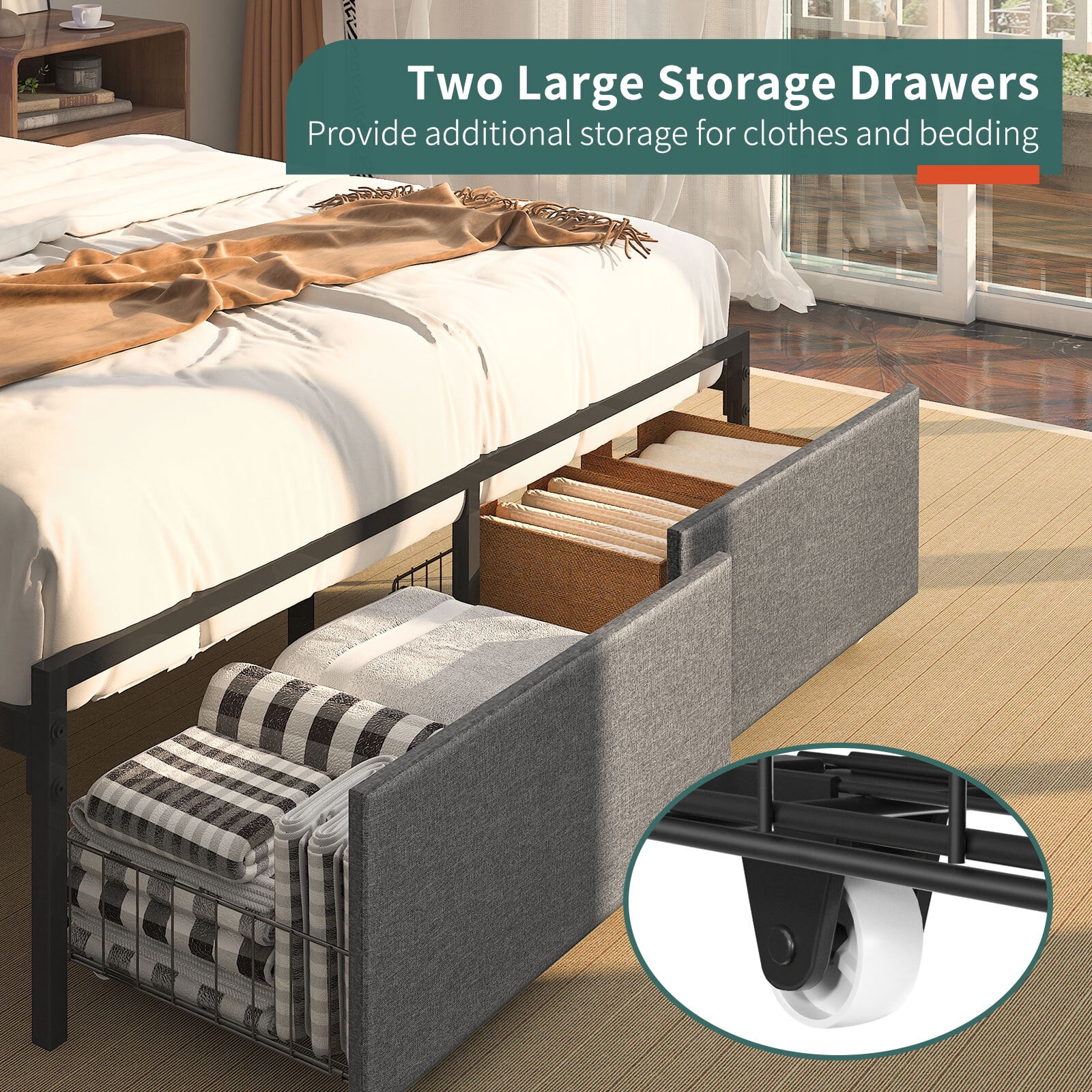 Full Size LED Light Bed Frame with Storage Headboard and USB Ports,Bed Platform with Drawers, RGB Lights