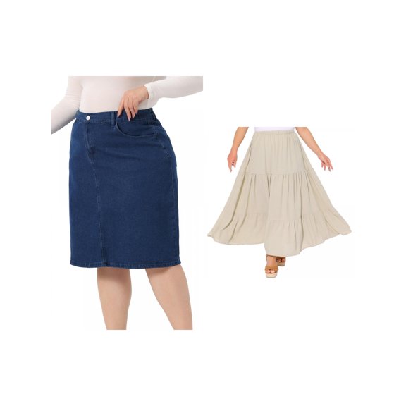 NOMADIC NOOK Women's Plus Size Two Pieces Denim Skirt and Swing Skirt Slash Elastic Waist Back Flared Vent Jeans Skirts 1X Beige/Dark Blue