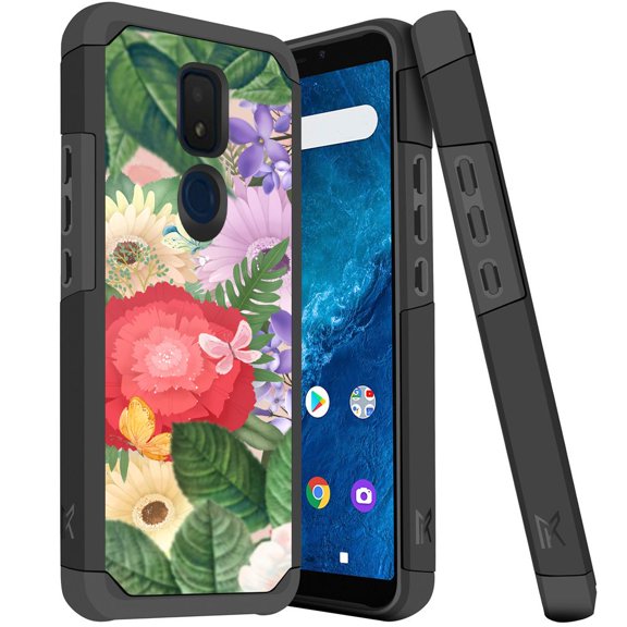 ANJ  Slim Dual Layer Hybrid Shockproof Case   Tempered Glass Cover for Cricket Icon 3, Splendor, AT&T Motivate 2 - Blooming Flowers 2