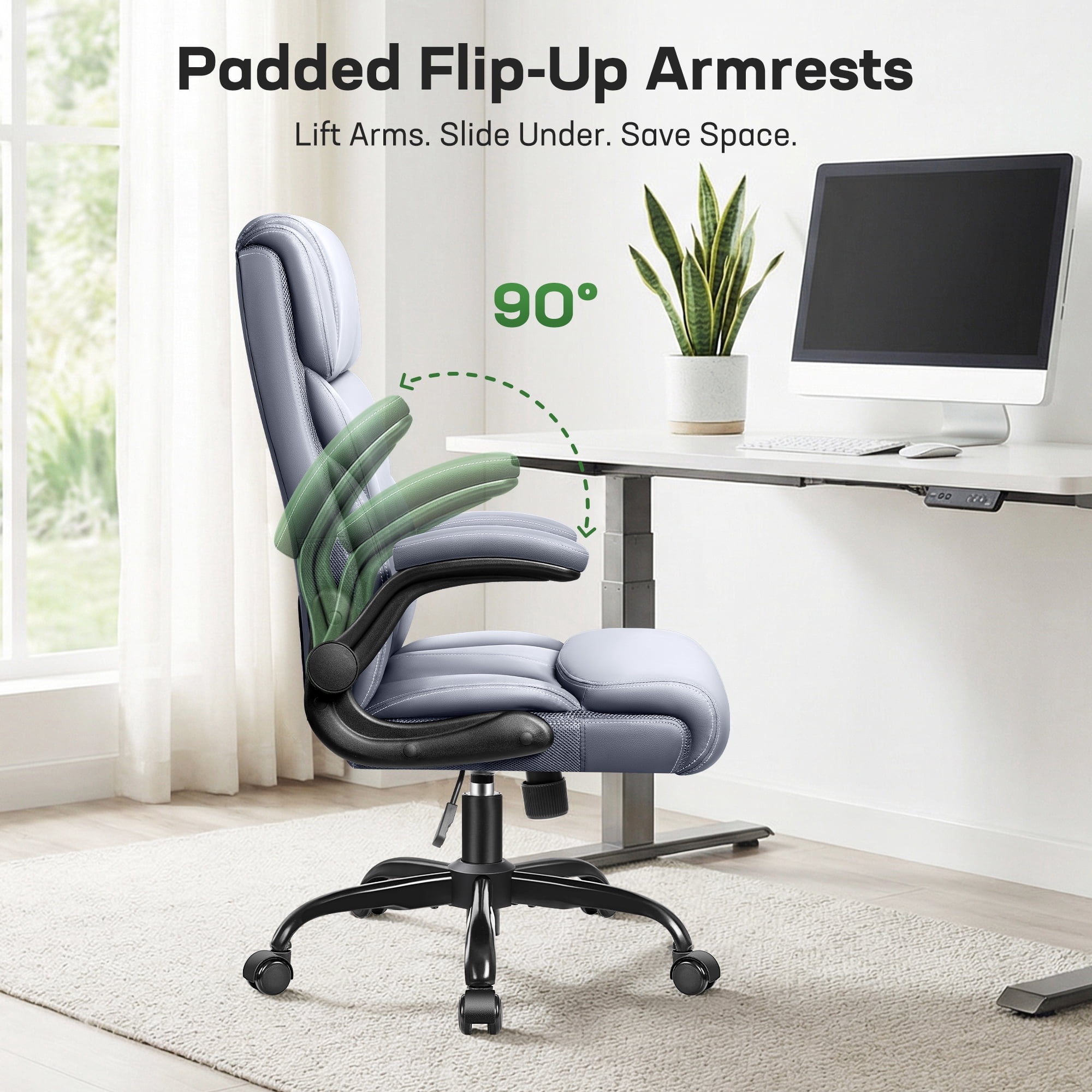 ATHOPE Leather Office Chair, Big and Tall Office Chair with Lumbar Support, High Back Executive Desk Chairs with Flip-up Armrest, Breathable PU Ergonomic Computer Chair, 360°Swivel Free, Gray