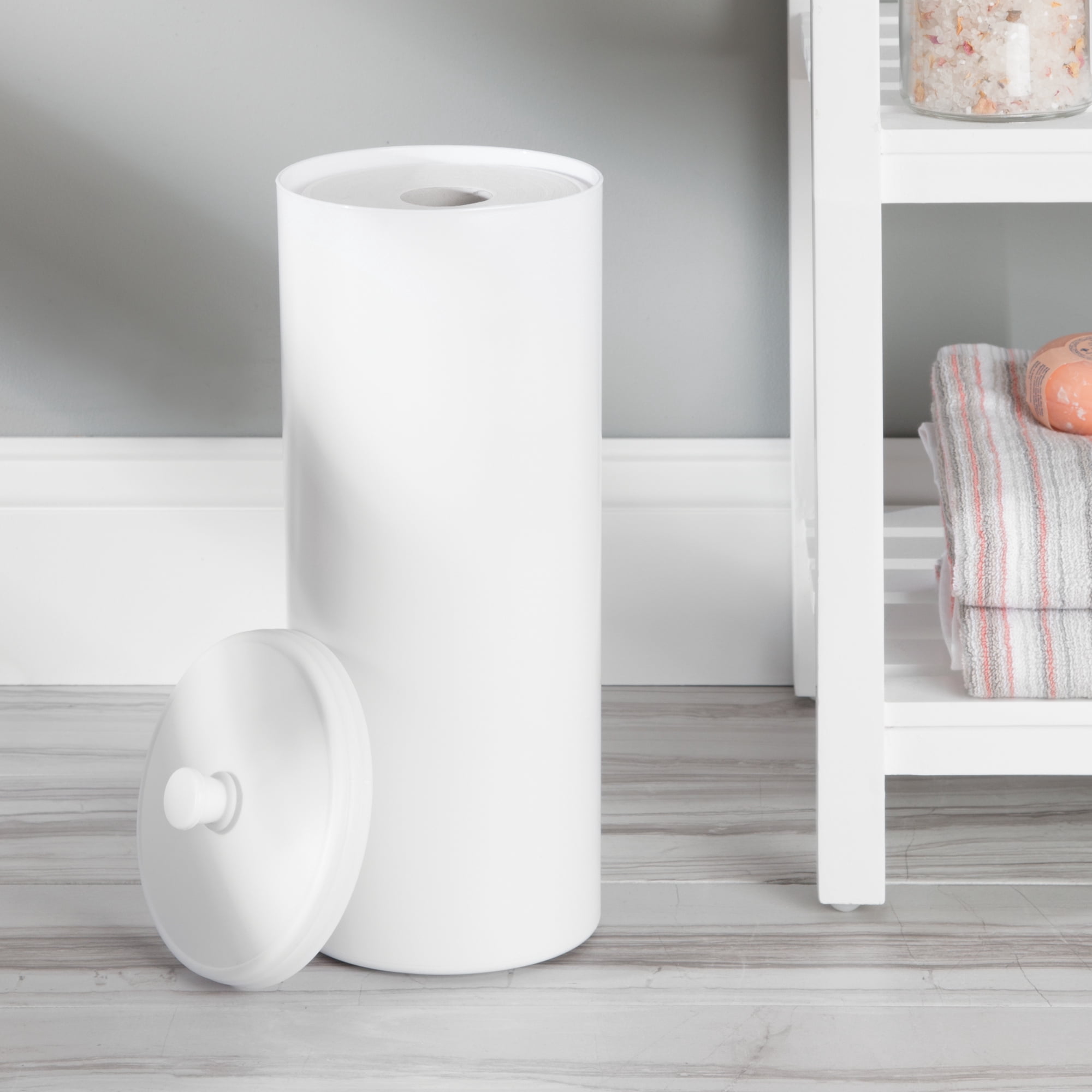 iDesign Toilet Paper Canister with Lid, Storage for 3 Rolls, 6.3'' x 15.5'', White