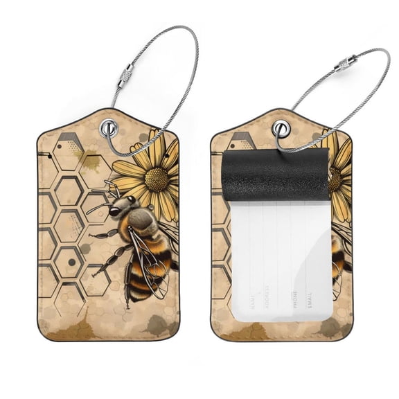 PhooArto Yellow Floral Honey Bee Luggage Tags with Stainless Steel Loop, 2 Pack Luggage Tag Holders for Travel Luggage Baggage Identifier