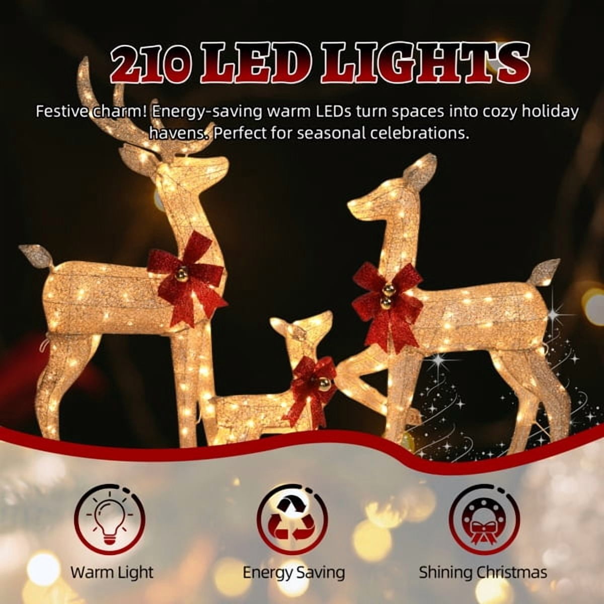 3-Piece Champagne Family Elk Christmas Decoration - 210 Built-In Light Strings, Easy Installation w/Ground Spikes, Indoor/Outdoor Holiday Decor