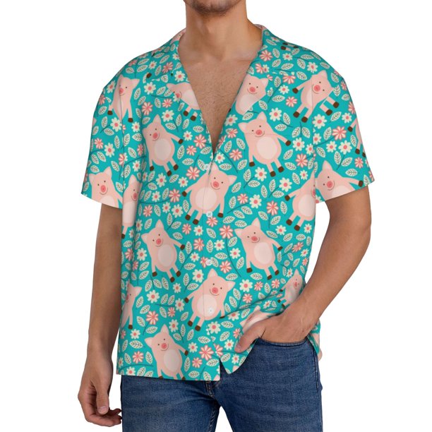 Balery Pig And Flower Camisa Casual de Manga Corta con Botones para Hombre, Texturizada, Estilo Cubano, para Playa, Verano-Large