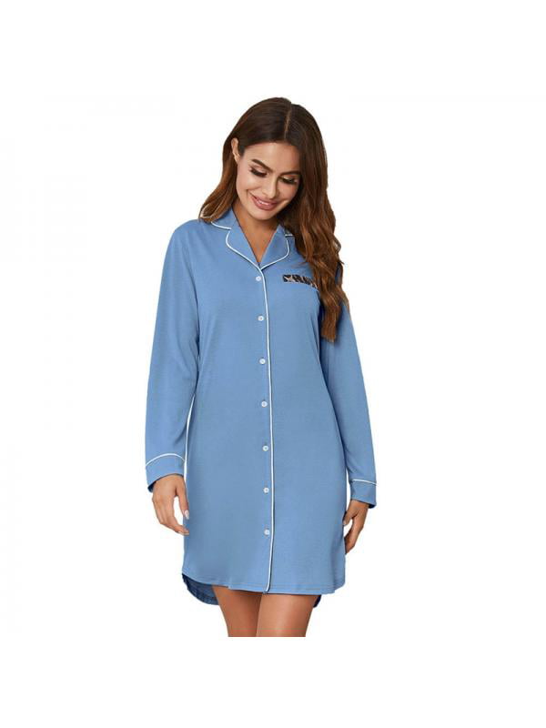 Women Nightshirt Long Sleeve Cotton Sleep Shirt Button Down Nightdress Sleepwear Womens Pajama 