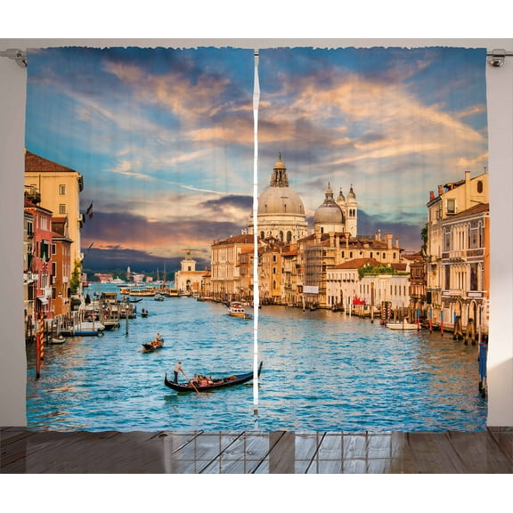 Ambesonne Venice Curtains 2 Panel Set, Canal Grande Italy Image, 108" x 108", Sky Blue Champagne