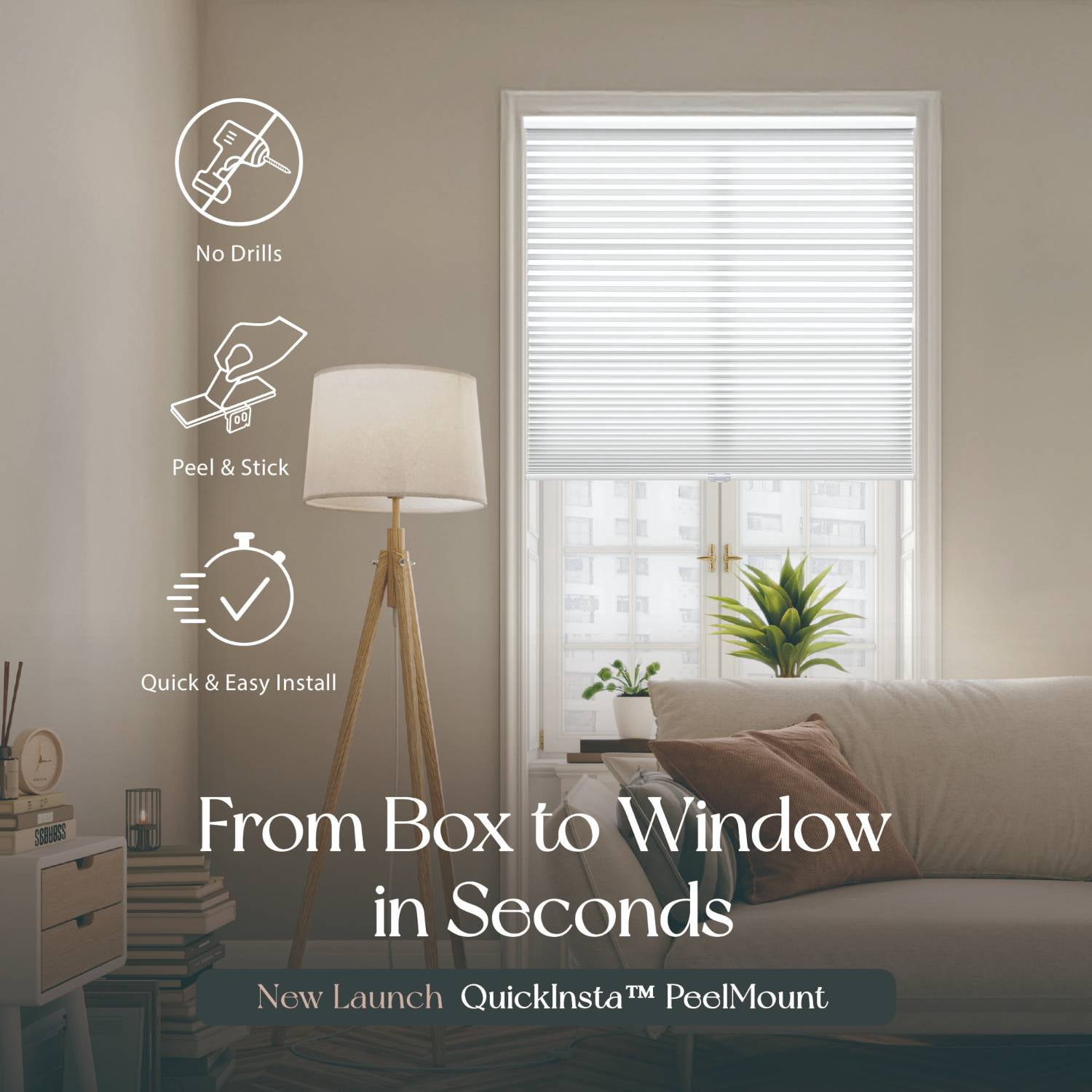 REGAL estate No Drill Cordless Cellular Blinds, Easy Install, 1.5" Light Filtering, 19" W x 72" H, White