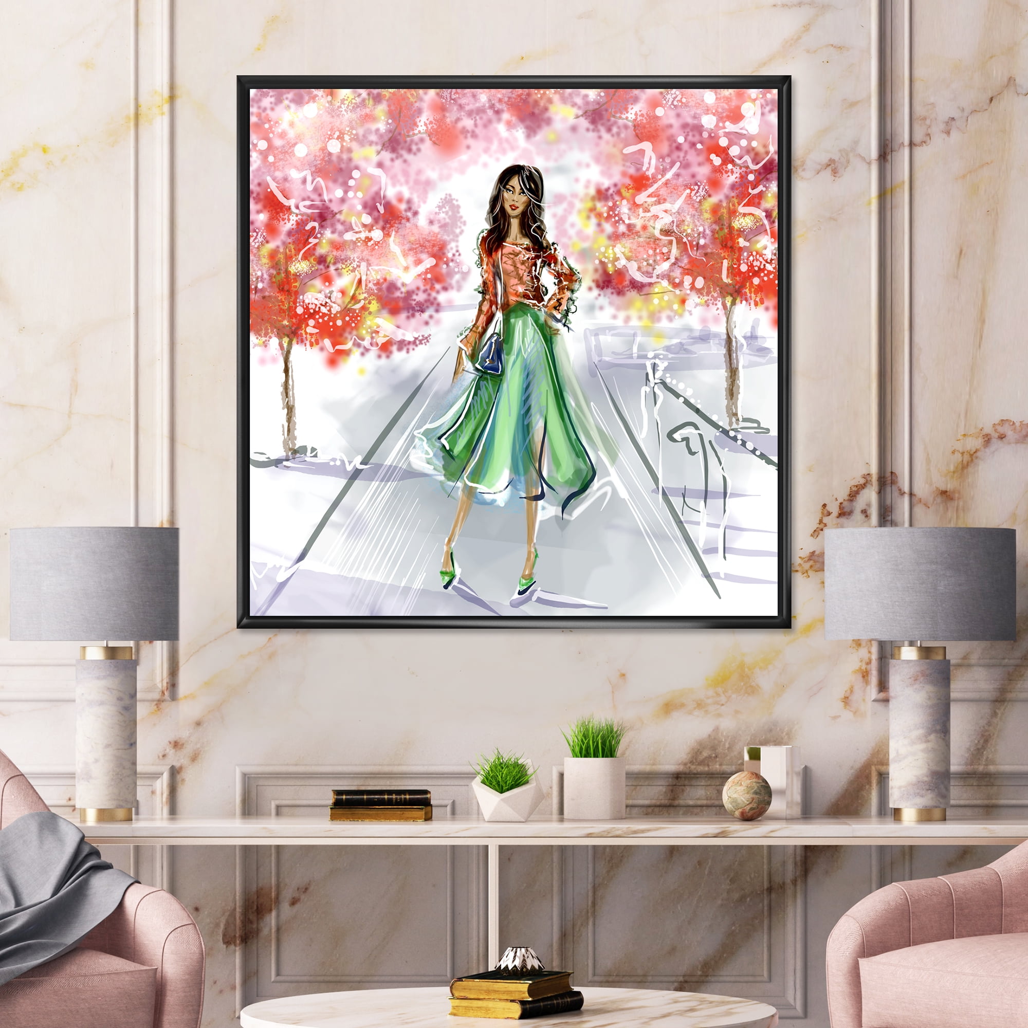Designart 'Beautiful Woman Wearing Fashionable Clothes In Park' Traditional Framed Canvas Wall Art Print