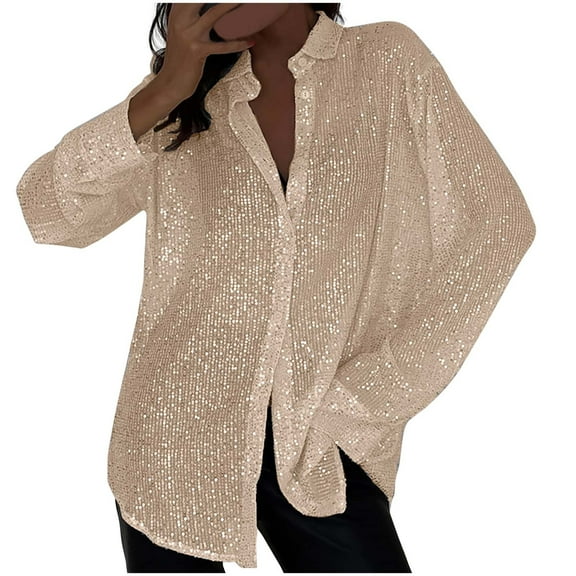 Besolor Sequin Button down Shirt for Women Long Sleeve Glitter Sparkly Tops Party Night out Ladies Blouse